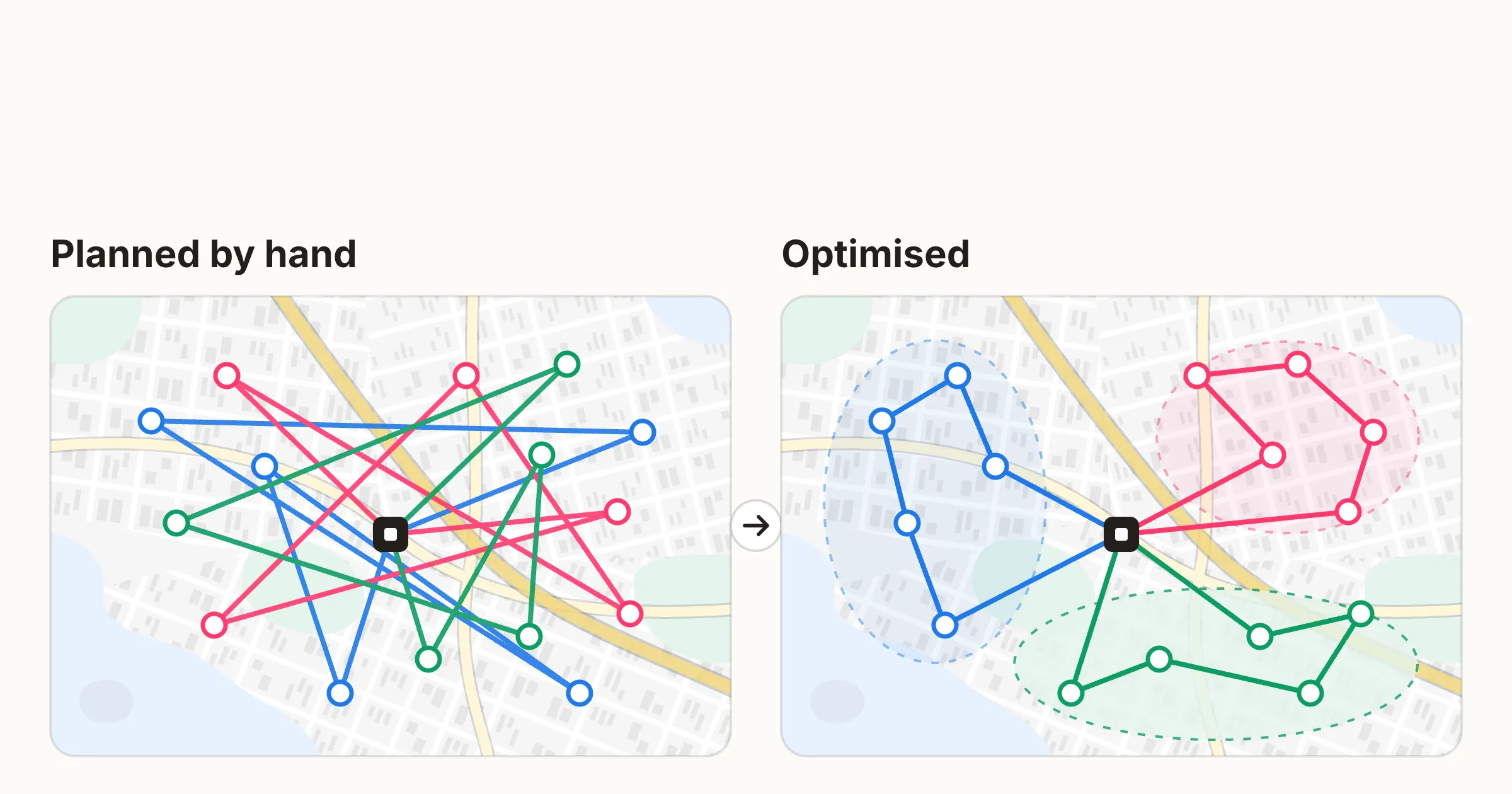 Tangled and optimised routes side by side in the same area