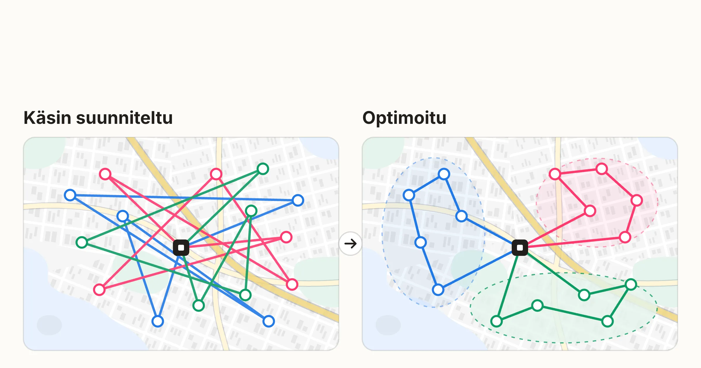 Sekavat ja optimoidut reitit rinnakkain samalla alueella